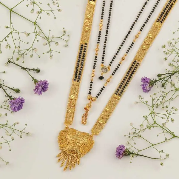 Combo_Of_3_Pcs_Ethnic_Traditional_One_Gram_Gold_Glorious_Maharashtrian_Style_Long_Chain_Black_Beads_30_Inch_And_18_Inch_Short